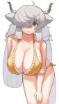  1girl ahoge animal_ears bikini breasts brown_eyes cleavage closed_mouth cropped_legs eyebrows_visible_through_hair grey_hair grey_horns hair_over_one_eye holding_own_arm horns huge_breasts kemono_friends kemono_friends_3 leaning_forward long_hair ox_ears ox_horns side-tie_bikini simple_background smile solo swimsuit very_long_hair white_background yak_(kemono_friends) yellow_bikini zuchi00 