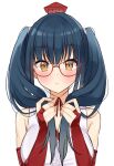  1girl absurdres blue_hair breasts brown_eyes closed_mouth collarbone expressionless eyebrows_visible_through_hair glasses highres large_breasts long_hair looking_at_viewer nijisanji red-framed_eyewear red_nails sleeveless solo twintails tyoko_tanuki16 virtual_youtuber yamagami_karuta 