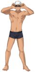  1boy adjusting_eyewear barefoot collarbone commentary_request full_body goggles hands_up knees male_focus male_swimwear maou_abusorun navel pokemon pokemon_(game) pokemon_bw shirtless solo standing swim_briefs swim_cap swimmer_(pokemon) toes white_headwear 