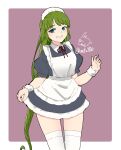  1girl alternate_costume apron artist_logo black_dress blue_eyes border braid commentary_request cowboy_shot dated dress enmaided frilled_apron frills green_hair highres kantai_collection long_hair looking_at_viewer maid maid_apron maid_headdress mochizou mole mole_under_mouth one-hour_drawing_challenge single_braid skirt_hold solo thighhighs two-tone_background very_long_hair white_apron white_border white_legwear wrist_cuffs yuugumo_(kancolle) 