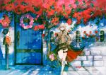  1girl alisaie_leveilleur bangs blue_eyes boots bouquet braid door earrings elezen elf final_fantasy final_fantasy_xiv flower hair_between_eyes hair_ribbon jewelry long_hair looking_to_the_side mailbox_(incoming_mail) moogle peppermint_jet pointy_ears ponytail ribbon smile solo thigh_strap white_hair 