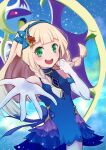  absurdres bangs blonde_hair blue_dress blunt_bangs braid dress elbow_gloves gen_7_pokemon gloves green_eyes highres legendary_pokemon lillie_(pokemon) long_hair lunala mikeneko_(nicohatealpha) pokemon pokemon_(game) pokemon_masters_ex twin_braids white_gloves 