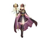  1girl absurdres bangs blonde_hair boots cape closed_mouth commentary dress eyebrows_visible_through_hair fingerless_gloves fire_emblem fire_emblem:_genealogy_of_the_holy_war fire_emblem_heroes full_body gloves green_eyes hat highres holding knee_boots konfuzikokon layered_skirt looking_at_viewer nanna_(fire_emblem) official_art short_dress short_hair short_sleeves simple_background skirt smile solo staff standing thighhighs white_background zettai_ryouiki 