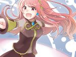 1girl aoiyui arm_warmers armband belt black_shirt black_skirt commentary double_lariat_(vocaloid) headphones long_hair megurine_luka navel open_mouth outstretched_arms pink_eyes pink_hair shirt short_sleeves single_arm_warmer skirt smile solo standing upper_body vocaloid 