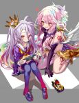  2girls :3 angel angel_wings asymmetrical_legwear blue_hair blue_legwear blush breasts closed_mouth commentary crop_top crown elbow_gloves feathered_wings game_console gloves gradient_hair halo heart highres jibril_(no_game_no_life) large_breasts long_hair low_wings magic_circle messy_hair midriff mismatched_legwear mouth_drool multicolored multicolored_eyes multicolored_hair multiple_girls no_game_no_life open_mouth pink_eyes pink_hair school_uniform serafuku shino_(eefy) shiro_(no_game_no_life) sideboob sitting smile sora_(no_game_no_life) tattoo thighhighs toy_car very_long_hair white_wings wing_ears wings yellow_eyes 