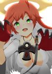  absurdres ankh ankh_necklace bodysuit breasts cleavage cross gloves green_eyes guilty_gear guilty_gear_strive halo highres jack-o&#039;_valentine jewelry looking_at_viewer necklace open_mouth red_hair white_bodysuit 
