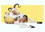  1girl 3four animal_ears arknights bare_shoulders beeswax_(arknights) beeswax_(weisser_sand)_(arknights) black_footwear black_shorts commentary dark-skinned_female dark_skin full_body goat_ears goat_girl goat_horns horns long_hair looking_at_viewer lying official_alternate_costume on_side pillow shoe_removed shoes shorts sidelocks simple_background single_shoe solo sweater thighhighs two-tone_background very_long_hair white_background white_hair white_legwear white_sweater yellow_background yellow_eyes 