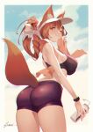  1girl :3 absurdres animal_ear_fluff animal_ears ass bangs black_shorts border bottle braid brown_hair closed_mouth commentary cowboy_shot english_commentary eyebrows_visible_through_hair fox_ears fox_tail from_behind fubuki_(fakemonkey0224) hand_up highres holding holding_bottle holding_towel huge_filesize long_hair looking_at_viewer orange_eyes orange_towel original outside_border short_shorts shorts signature solo sports_bra standing sweat tail thick_eyebrows tied_hair towel towel_around_neck visor_cap watch wiping_sweat wristwatch 