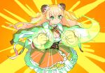  1girl animal_ears animal_hands bangs bear_ears bear_paws blonde_hair bow bowtie breasts cleavage cleavage_cutout clenched_hands clothing_cutout commentary_request corset dress energy eyebrows_visible_through_hair gloves glowing_hands green_eyes hololive hololive_alternative large_breasts looking_at_viewer mochizuki_maya momosuzu_nene orange_background orange_dress paw_gloves simple_background smile solo two_side_up v-shaped_eyebrows virtual_youtuber yellow_background 