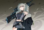  1girl ahoge animal_ears bangs bare_shoulders black_jacket breasts closed_mouth commentary_request ear_piercing eyebrows_visible_through_hair fur_trim grey_hair grey_skirt gun halter_top halterneck holding holding_gun holding_weapon hololive hololive_alternative jacket lion_ears lion_girl long_hair looking_at_viewer looking_down medium_breasts mochizuki_maya navel open_hands piercing rifle serious sharp_teeth shishiro_botan sidelocks single_legging skirt smoke sniper_rifle solo teeth thigh_strap twintails v-shaped_eyebrows virtual_youtuber weapon 