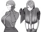  1girl bra breasts collared_shirt earpiece earrings garter_straps gloves hair_bun highres hihizaru_badass hongryeon_(last_origin) jewelry large_breasts last_origin long_sleeves mole mole_under_eye monochrome necktie see-through shirt short_hair skirt solo sweat underwear 