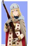  1girl alternate_costume blonde_hair blue_eyes bolt_action brown_cape brown_gloves cape commission darkpulsegg english_commentary fur_hat girls&#039;_frontline gloves gun hair_over_shoulder hat highres holding holding_gun holding_weapon long_hair long_sleeves mod3_(girls&#039;_frontline) mosin-nagant mosin-nagant_(girls&#039;_frontline) multicolored_cape multicolored_clothes red_cape red_star rifle solo ushanka weapon 