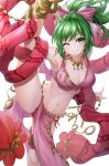  1girl ;) armpits bare_legs breasts cleavage dancer earrings fire_emblem fire_emblem:_genealogy_of_the_holy_war green_eyes green_hair jewelry lene_(fire_emblem) looking_at_viewer medium_breasts one_eye_closed panties pelvic_curtain ponytail red_panties short_hair smile solo split standing standing_on_one_leg ten_(tenchan_man) underwear white_background 