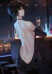  1girl ass back bare_shoulders black_dress black_hair bottle breasts brown_eyes butt_crack champagne_flute cup dress drinking_glass earrings elbow_gloves gloves highres jewelry kaoming light_smile looking_at_viewer makeup nijisanji shirayuki_tomoe short_hair sideboob sitting sleeveless sleeveless_dress solo stool virtual_youtuber 