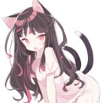  1girl animal_ears bangs black_hair blade_(galaxist) breasts cat_ears cat_girl cat_tail commentary_request eyebrows_visible_through_hair long_hair looking_at_viewer multicolored_hair multiple_tails nekoyama_nae open_mouth pants pink_hair pink_shirt red_eyes shirt short_sleeves simple_background small_breasts solo streaked_hair tail tail_raised toranoana two_side_up two_tails very_long_hair virtual_youtuber white_background white_pants 