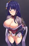  1girl areola_slip areolae bangs bare_shoulders black_legwear bottomless braid braided_ponytail breasts censored cleavage detached_collar genshin_impact hair_ornament heart heart_censor japanese_clothes kimono large_breasts long_hair long_sleeves looking_at_viewer mole mole_under_eye obi off_shoulder purple_eyes purple_hair purple_kimono raiden_shogun sarhce sash smile solo thighhighs thighs wide_sleeves 