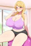  1girl aikome_(haikome) ball bare_legs black_shorts blonde_hair blush breasts ceiling cleavage commentary_request covered_nipples curvy earrings exercise_ball eyebrows_visible_through_hair highres huge_breasts indoors jewelry long_hair mature_female navel open_mouth original purple_eyes purple_sports_bra short_shorts shorts sitting sitting_on_ball solo sports_bra sweat thighs window 