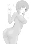  1girl ass blush bodysuit covered_nipples cowboy_shot girls_und_panzer greyscale henyaan_(oreizm) highres looking_at_viewer monochrome nishizumi_miho short_hair simple_background skin_tight solo sweat twisted_torso v white_background 
