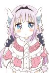  1girl bangs blue_eyes blunt_bangs closed_mouth dragon_horns dress expressionless eyebrows_visible_through_hair highres horns kanna_kamui kobayashi-san_chi_no_maidragon long_hair looking_at_viewer namori pink_dress pink_hair solo 