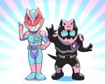  2boys \m/ belt dinosaur_tail fujiko_f_fujio_(style) full_body hand_on_hip highres index_finger_raised kamen_rider kamen_rider_revi kamen_rider_revice kamen_rider_vice multiple_boys parody pink_armor rider_belt sharp_teeth standing style_parody tail teeth ueyama_michirou 