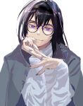  1girl akemi_homura black_hair black_hairband bright_pupils closed_mouth commentary_request elbow_rest glasses grey_jacket hairband hands_up head_tilt highres jacket jacket_on_shoulders jewelry karen_le_cao long_hair long_sleeves looking_at_viewer mahou_shoujo_madoka_magica purple_eyes ring shirt silver_nails simple_background smile solo upper_body white_background white_pupils white_shirt 