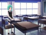  1girl archived_source bangs blush braid breasts classroom curtains desk green_eyes green_hair hitsukuya holding indoors loafers long_sleeves love_letter open_mouth original school_uniform shoes short_hair small_breasts solo standing white_legwear window 