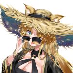  1girl ;d animal_ears arknights bangs bikini black_bikini blonde_hair bracelet breasts cleavage commentary_request green_eyes hat highres jewelry long_hair looking_at_viewer o-ring one_eye_closed open_mouth photoshop_(medium) revision simple_background smile solo srpzk straw_hat sunglasses swimsuit swire_(arknights) tiger_ears white_background 