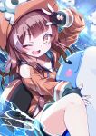  1girl blush brown_eyes brown_hair cloud collarbone dolphin fingerless_gloves gloves guilty_gear hat highres looking_at_viewer may_(guilty_gear) ocean omochishiki one_eye_closed open_mouth pirate_hat sky solo teeth v water 