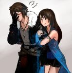  1boy 1girl arm_warmers bike_shorts black_hair blush brown_eyes brown_hair closed_eyes closed_mouth commentary dress final_fantasy final_fantasy_viii fur_trim gloves jacket jewelry long_hair necklace rinoa_heartilly sasumata_jirou simple_background sleeveless sleeveless_duster smile squall_leonhart sweatdrop 