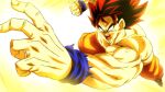  1boy aura blank_eyes clenched_hand dragon_ball dragon_ball_z flying male_focus muscular muscular_male open_mouth orange_pants pants rom_(20) shirtless solo son_goku spiked_hair super_saiyan 