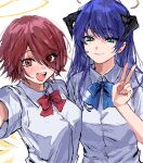  2girls arknights blue_eyes blue_hair blue_neckwear bow bowtie closed_mouth commentary_request demon_horns energy_wings exusiai_(arknights) eyebrows_visible_through_hair eyes_visible_through_hair hair_over_one_eye halo highres horns long_hair mostima_(arknights) multiple_girls na_tarapisu153 open_mouth red_eyes red_hair red_neckwear school_uniform selfie shirt short_hair short_sleeves simple_background smile upper_body v white_background white_shirt 