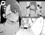  1girl absurdres artificial_vagina breasts dark-skinned_female dark_skin double_handjob ear_clip grin hair_between_eyes handjob highres ijiranaide_nagatoro-san long_hair monitor monochrome nagatoro_hayase netorare penis sakurayu_haru sex_toy small_breasts smile sweat 