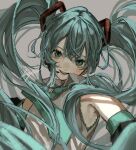  1girl a aqua_eyes aqua_hair aqua_neckwear bangs bare_shoulders commentary detached_sleeves eyebrows_visible_through_hair grey_background hair_ornament hatsune_miku light_blush long_hair looking_at_viewer necktie one-hour_drawing_challenge open_mouth pale_skin sayosny2 signature simple_background smile solo twintails upper_body vocaloid 