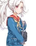  1girl alternate_costume alternate_hairstyle bag blue_sweater breasts commentary_request dulldull girls&#039;_frontline hair_up highres korean_commentary long_hair long_sleeves looking_at_viewer makarov_(girls&#039;_frontline) neckerchief ponytail red_eyes red_sailor_collar sailor_collar school_uniform serafuku shoulder_bag sleeves_past_wrists small_breasts solo sweater upper_body white_background white_hair yellow_neckwear 