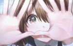  1girl absurdres bangs blurry blurry_background blurry_foreground brown_eyes brown_hair collared_shirt covered_mouth depth_of_field face fudepenbrushpen hair_ornament hairclip hands_up highres looking_at_viewer medium_hair original shirt short_hair solo white_shirt 
