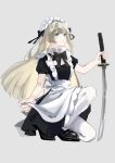  1girl apron black_dress black_footwear black_neckwear blonde_hair blue_eyes bow bowtie breasts cleavage cleavage_cutout closed_mouth clothing_cutout dress full_body grey_background highres holding holding_sword holding_weapon katana kneeling long_hair maid maid_apron maid_headdress nanaponi original pantyhose puffy_short_sleeves puffy_sleeves shoes short_sleeves simple_background solo sword symbol-only_commentary weapon white_apron white_legwear 