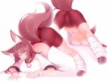  animal_ears ass bike_shorts breasts brown_hair clothes_lift crotch hair_ornament hairclip highres imaizumi_kagerou jack-o&#039;_challenge jewelry koha large_breasts leg_warmers light_brown_hair long_hair navel necklace no_bra pink_eyes shirt shirt_lift tail top-down_bottom-up touhou underboob white_shirt wolf_ears wolf_girl wolf_tail wristband 