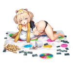  1girl barefoot blonde_hair breasts card cleavage cup ella_of_the_sky hamster_hood highres huge_breasts jam_(nandade) jenga last_origin mug official_art oppai_loli short_shorts shorts transparent_background twintails twister two_side_up 
