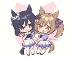  2girls :d animal_ears aruya_(flosrota) bangs black_bow black_hair blue_eyes blue_shirt blush bow brown_eyes brown_hair chibi closed_mouth commentary_request eishin_flash_(umamusume) eyebrows_visible_through_hair hair_between_eyes hair_bow hand_grab horse_ears horse_girl horse_tail multiple_girls open_mouth pleated_skirt puffy_short_sleeves puffy_sleeves red_bow shirt short_sleeves skirt smart_falcon_(umamusume) smile tail thighhighs twintails twitter_username umamusume white_background white_legwear white_skirt yellow_bow 