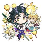  1girl 2boys :&lt; aether_(genshin_impact) ahoge bangs bead_necklace beads black_hair blonde_hair braid bug butterfly chibi closed_eyes closed_mouth detached_sleeves dress facial_mark flower food forehead_mark genshin_impact green_hair highres holding holding_polearm holding_spear holding_weapon jewelry jqpz_30 lantern long_hair lumine_(genshin_impact) multicolored_hair multiple_boys necklace open_mouth polearm seelie_(genshin_impact) short_hair_with_long_locks simple_background single_braid smile spear tassel weapon white_background white_dress white_flower xiao_(genshin_impact) yellow_eyes 