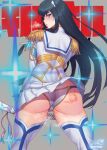  ass bangs black_hair boots clothes_lift epaulettes from_behind gonster highres junketsu kill_la_kill kiryuuin_satsuki long_hair panties pantyshot puckered_lips sheath sheathed skirt skirt_lift slap_mark steaming_body sweat sword thigh_boots thighhighs underwear weapon wind wind_lift 