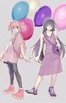 2girls akemi_homura backpack bag balloon bare_arms black_hair black_hairband black_legwear closed_mouth collarbone commentary_request dress eyebrows_visible_through_hair full_body grey_background hair_ribbon hairband highres kaname_madoka karen_le_cao leggings long_hair looking_at_another looking_at_viewer mahou_shoujo_madoka_magica multiple_girls open_mouth pink_bag pink_eyes pink_footwear pink_hair pink_ribbon pink_shirt purple_dress purple_eyes purple_footwear ribbon shirt shoes short_hair short_sleeves short_twintails shoulder_bag simple_background smile sneakers twintails upper_teeth 