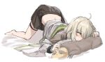  1girl ahoge animal arknights black_skirt blonde_hair commentary embarrassed full_body hair_over_one_eye highres jacket korean_commentary polyvora scene_(arknights) short_hair simple_background sketch skirt sloth_(animal) solo thigh_strap top-down_bottom-up white_background white_jacket yellow_eyes 