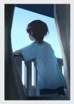  1girl absurdres black_hair black_shorts blue_sky border commentary curtains earbuds earphones english_commentary from_behind grey_border highres leaning_on_rail mk_taso original railing shirt shoes short_hair shorts sky solo white_shirt 