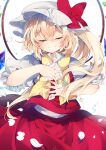  1girl artist_name bangs blonde_hair bow bowtie closed_eyes closed_mouth collar collared_shirt crystal eyebrows_visible_through_hair flandre_scarlet hair_between_eyes hands_up hat hat_ribbon highres jewelry kazato_fuuchi mob_cap multicolored multicolored_wings one_side_up petals puffy_short_sleeves puffy_sleeves red_ribbon red_skirt red_vest ribbon shirt short_hair short_sleeves skirt smile solo touhou vest white_background white_headwear white_shirt wings yellow_bow yellow_neckwear 
