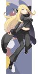  1girl bangs blonde_hair breasts cleavage coat commentary_request cynthia_(pokemon) earrings eyelashes full_body fur-trimmed_coat fur_trim garchomp gen_4_pokemon grey_eyes highres holding holding_poke_ball jewelry long_hair long_sleeves navel pants parted_lips poke_ball poke_ball_(basic) pokemon pokemon_(game) pokemon_dppt shirt shoes smile tokumaro 