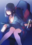  1girl absurdres aihara_shouta bangs black-framed_eyewear black_hair blue_shirt breasts can cellphone chair closed_mouth collarbone colored_inner_hair eyebrows_visible_through_hair gaming_chair glasses half-closed_eyes highres holding holding_can holding_phone long_sleeves medium_hair mole mole_under_eye multicolored_hair nipples non-web_source off-shoulder_shirt off_shoulder original phone pink_hair purple_eyes purple_hair round_eyewear shirt sitting small_breasts solo two-tone_hair 