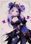  1girl artist_name black_choker blush braid choker earrings eric_knikki fiona_gilman fur glowing hand_on_thigh heart heart_of_string horns identity_v jewelry looking_at_viewer open_mouth petals purple_eyes purple_nails single_braid solo wings 