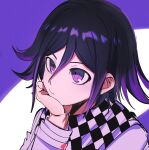  1boy bangs black_hair bojue_(hakus_1128) checkered checkered_neckwear checkered_scarf danganronpa_(series) danganronpa_v3:_killing_harmony hand_on_own_chin highres jacket long_sleeves male_focus multicolored_hair ouma_kokichi portrait purple_background purple_eyes purple_hair scarf shiny shiny_hair solo two-tone_hair white_background 