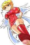  angel_wings blonde_hair blue_eyes boots breasts breath_of_fire breath_of_fire_iii censored dr.p dress footjob hairband medium_breasts nina_(breath_of_fire_iii) penis short_hair solo white_wings wings 